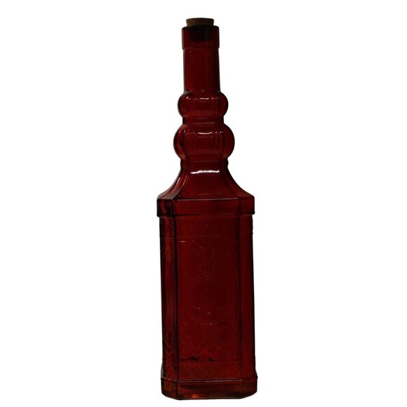 Vtg Ruby Red Glass Decanter w/Cork Stopper/Raised Design Holiday Bottle/Vase - Picture 6 of 7